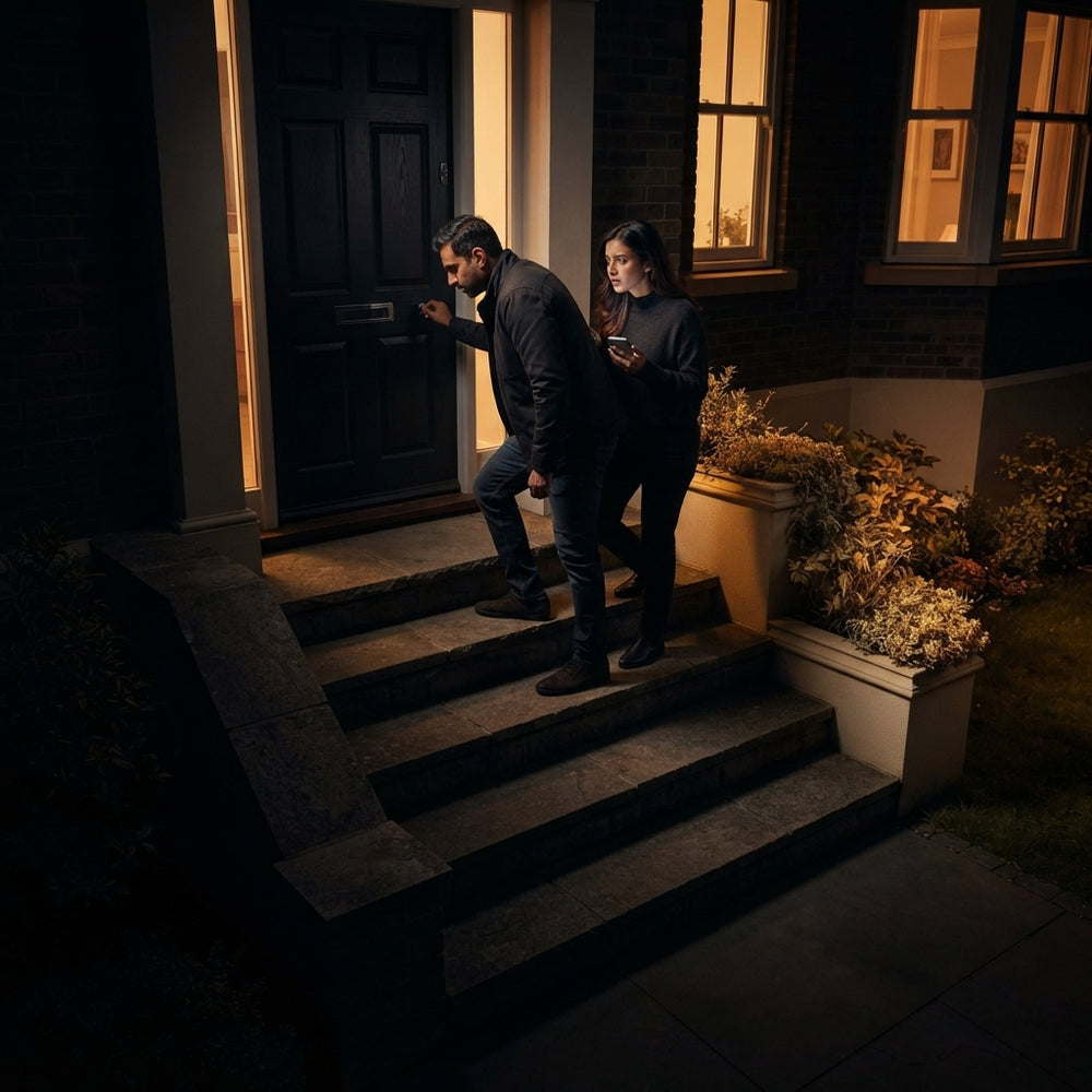 A South Asian couple struggling to see their way up a dark stone staircase at night.